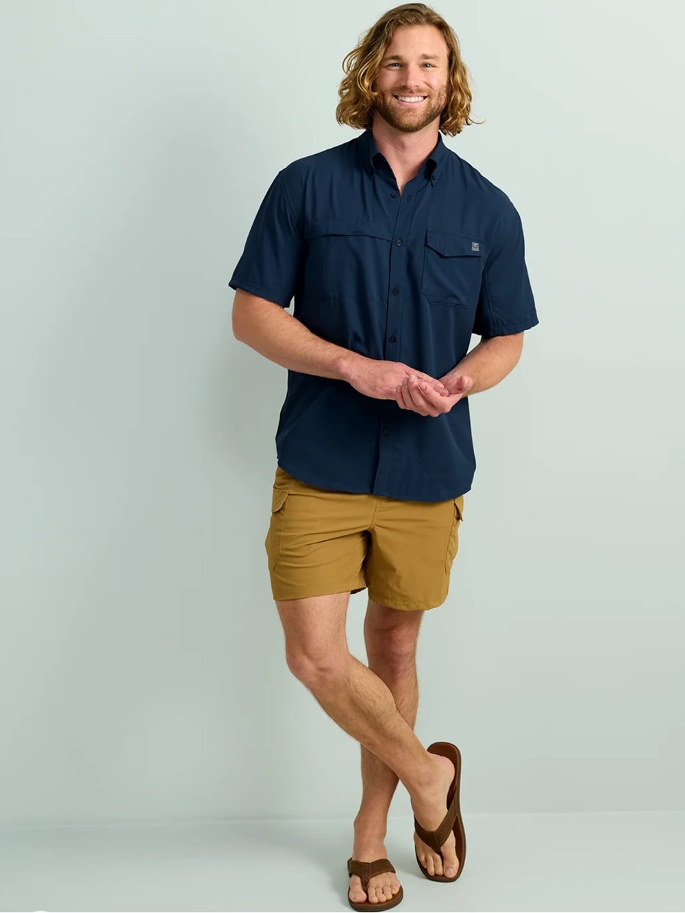 NWT Huk Mens Tide Point Short Sleeve Button Down Shirt M Navy Blue